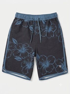 Sol Borne Men's Floral Swim Trunks in Slate Blue and Dark Charcoal